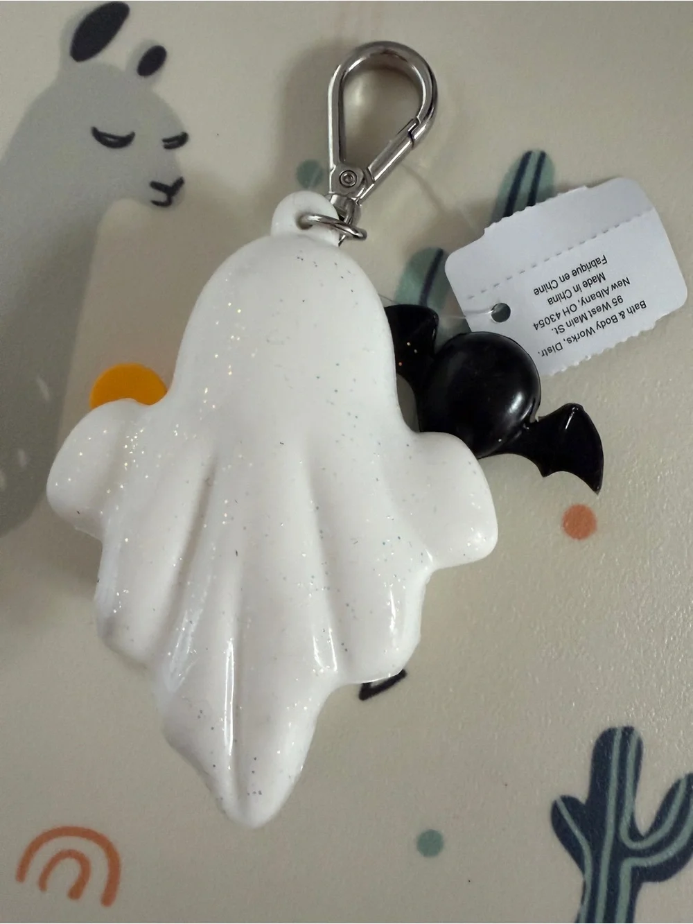 Bath & Body Works White Ghost Keychain with Black Bat and Orange Lollipop